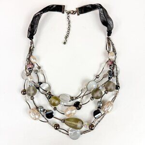 Chicos Multi Strand Faux Pearl Mixed Material Grey Beaded Ribbon Statement Neckl